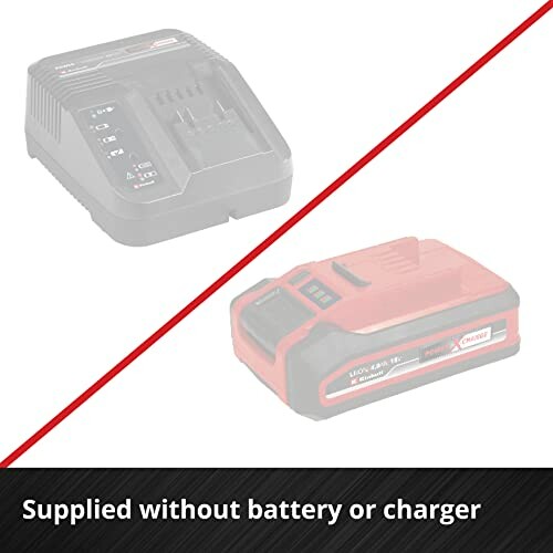 Product image showing a placeholder for a battery and charger with a note 'Supplied without battery or charger'.