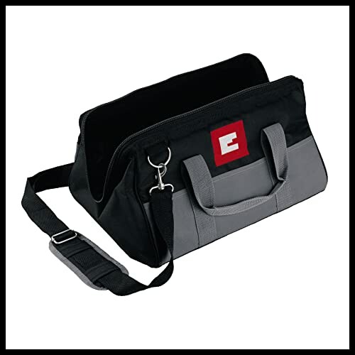 Black and gray tool bag with shoulder strap and handles.