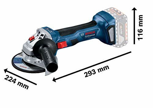 Bosch cordless angle grinder with dimensions.