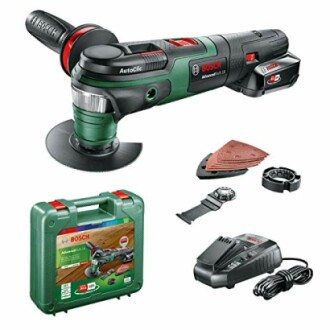 Bosch cordless multi-tool set with accessories and carrying case.