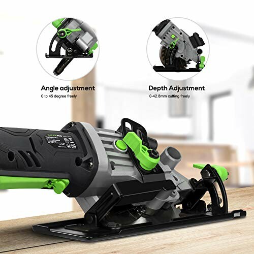 Circular saw with angle and depth adjustment features.