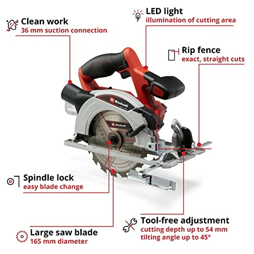 Circular saw with labeled features including LED light, rip fence, clean work, spindle lock, large saw blade, and tool-free adjustment.