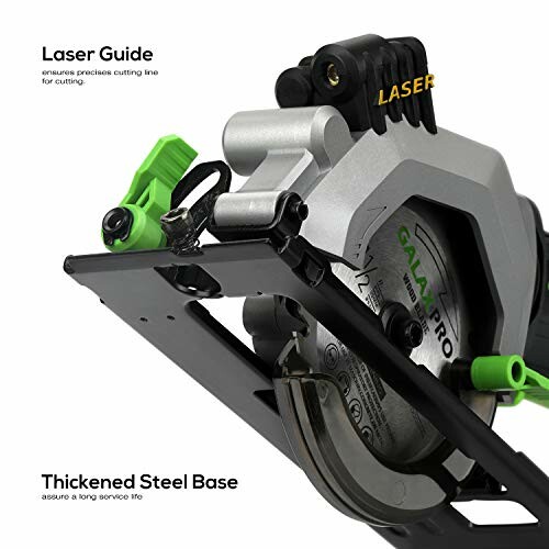 Circular saw with laser guide and thickened steel base.