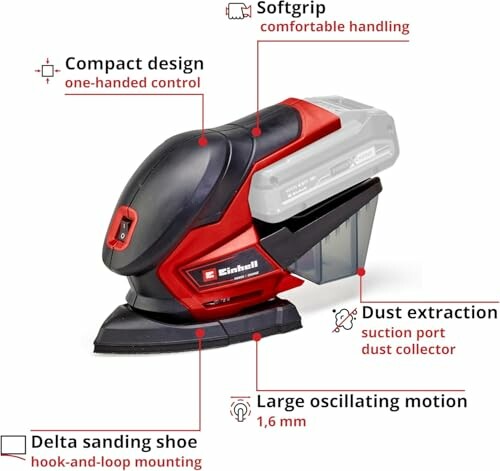 Compact sander with features labeled, including soft grip, dust extraction, and large oscillating motion.