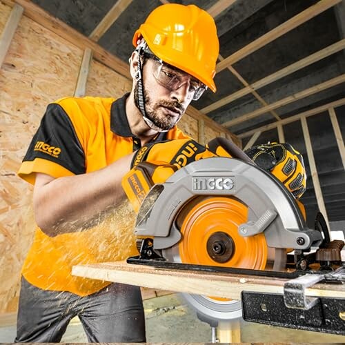 Construction worker using a circular saw on a wooden board.