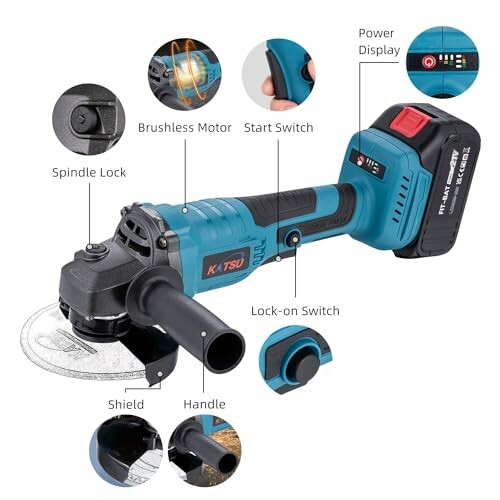 Cordless angle grinder with labeled features including power display, brushless motor, and spindle lock.