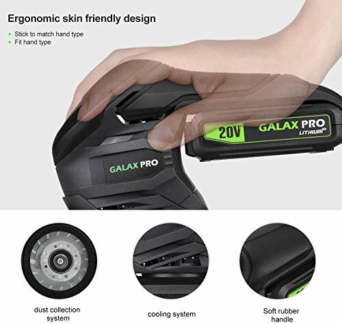 Cordless angle grinder with ergonomic design and features.