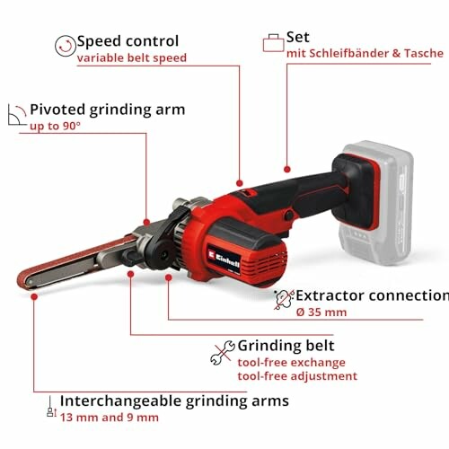 Cordless belt grinder with speed control, pivoted grinding arm, extractor connection, interchangeable arms, and tool-free belt exchange.