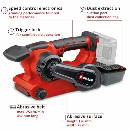 Cordless belt sander with labeled features.