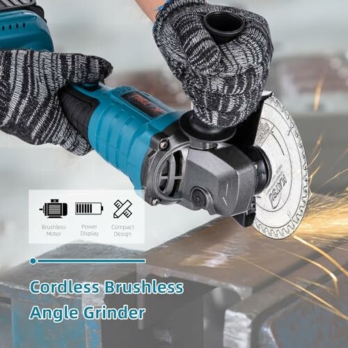 Person using a cordless brushless angle grinder with sparks.