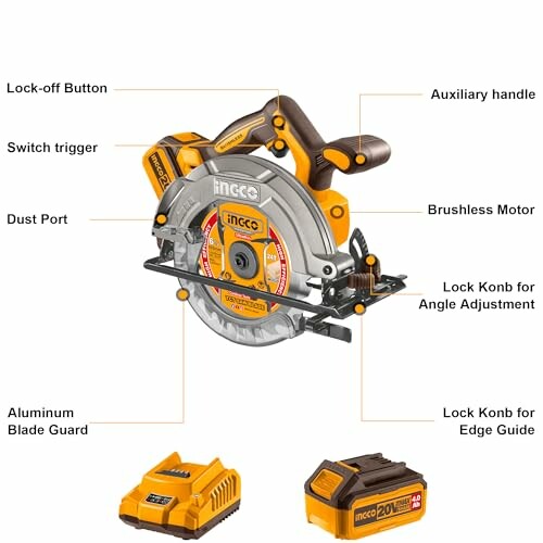 Cordless circular saw with labeled parts including lock-off button, switch trigger, dust port, auxiliary handle, brushless motor, lock knob for angle adjustment, aluminum blade guard, and lock knob for edge guide.