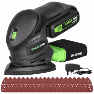 Cordless detail sander with accessories and charger.