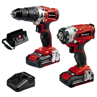 Cordless drill and impact driver set with battery charger and tool bag.