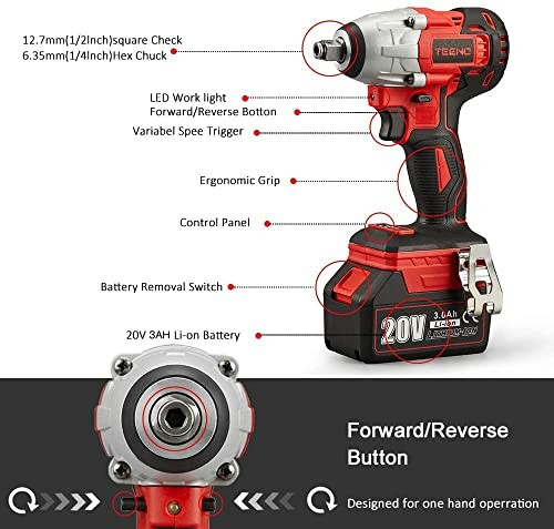 Cordless impact wrench with labeled features including LED work light, forward/reverse button, variable speed trigger, ergonomic grip, and 20V Li-on battery.