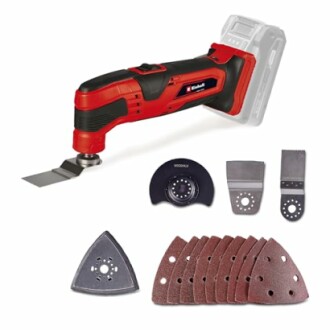 Cordless multi-tool with accessories including blades and sanding pads.