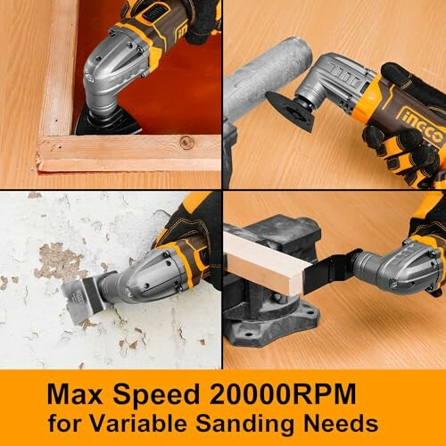 Cordless multi-tool performing sanding tasks on wood and wall.