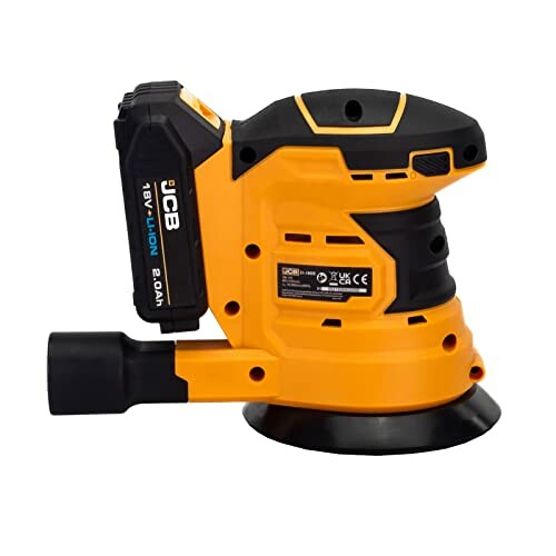 Yellow and black cordless orbital sander with battery.