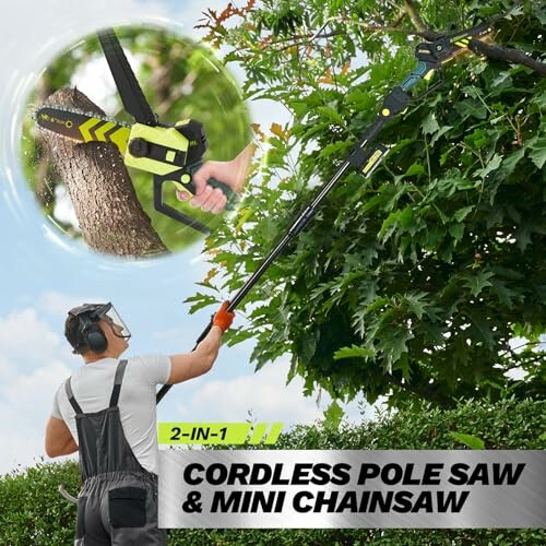 Person using a cordless pole saw and mini chainsaw to cut tree branches.