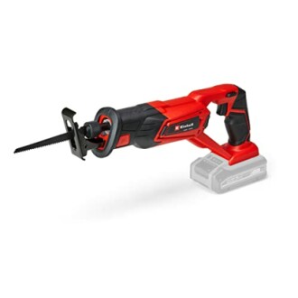 Red and black cordless reciprocating saw with battery pack