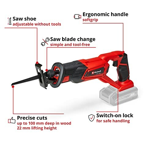 Cordless reciprocating saw with ergonomic handle and adjustable features.