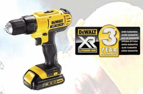 DeWalt cordless drill with 3-year warranty badge