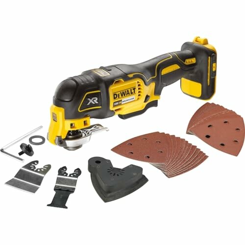 DeWalt oscillating multi-tool with accessories including blades and sanding sheets.