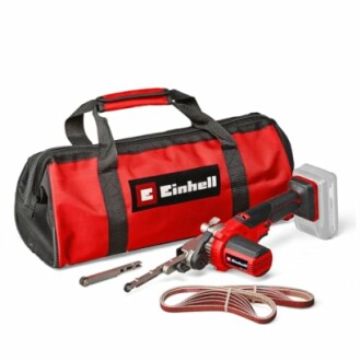 Einhell belt sander tool kit with red carrying case and accessories