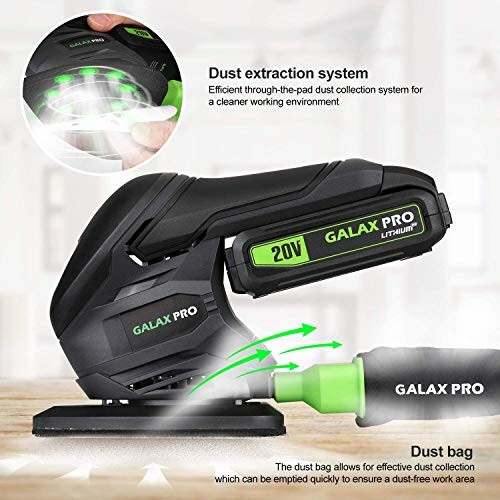 Galax Pro 20V cordless sander with dust extraction system and dust bag.