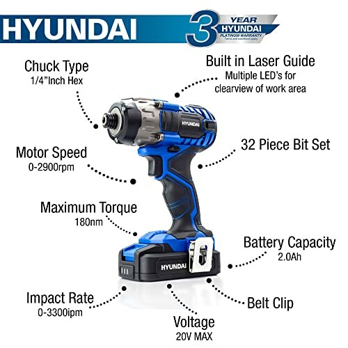 Hyundai cordless impact driver features and specifications.