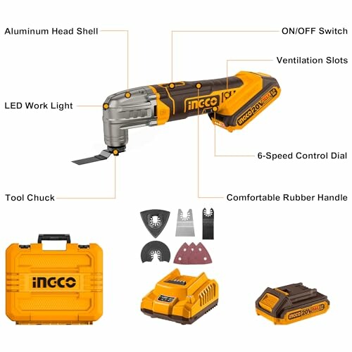 INGCO multifunction tool with labeled parts including aluminum head shell, LED work light, tool chuck, ON/OFF switch, ventilation slots, 6-speed control dial, and comfortable rubber handle. Includes accessories and carrying case.