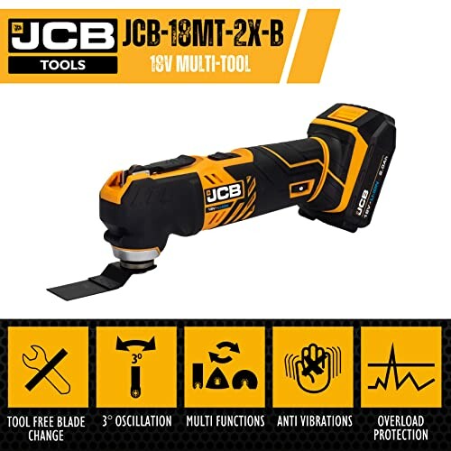 JCB 18V multi-tool with features like tool-free blade change and anti vibrations