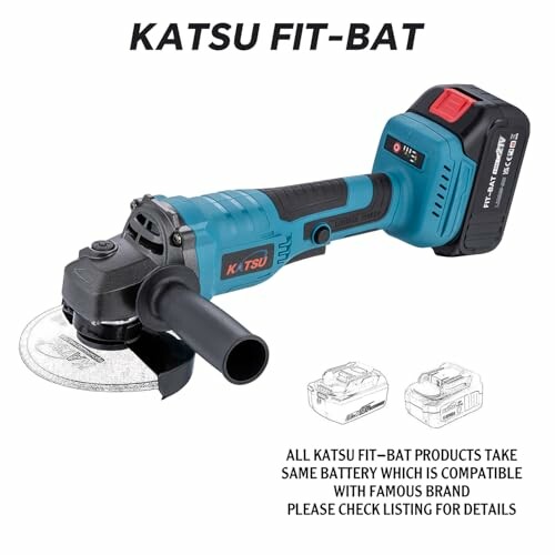 KATSU FIT-BAT cordless angle grinder with battery compatibility details.