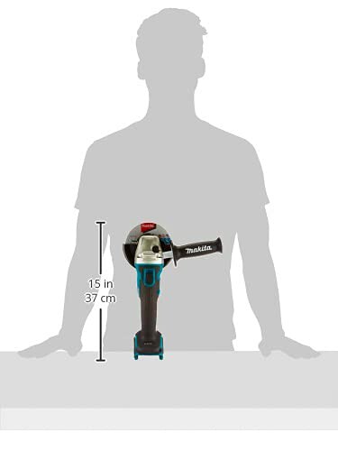 Makita angle grinder with size comparison to human silhouette.