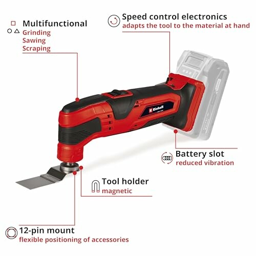 Red and black multifunctional power tool with features labeled: speed control electronics, battery slot, tool holder, 12-pin mount.