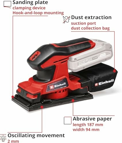 Diagram of an orbital sander with labeled parts including sanding plate, dust extraction, abrasive paper, and oscillating movement.