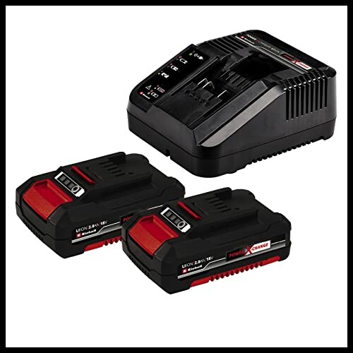 Battery charger set with two rechargeable batteries.