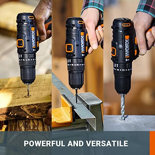 Three images of a person using a cordless drill for various tasks.