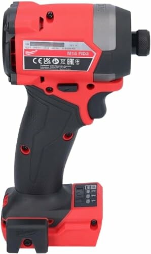 Red and black cordless power drill.