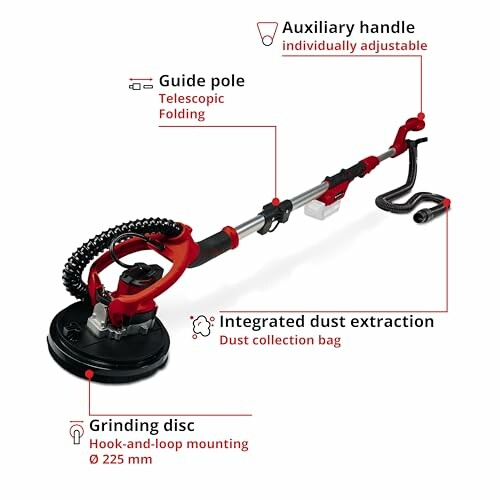 Telescopic drywall sander with folding guide pole and dust extraction.