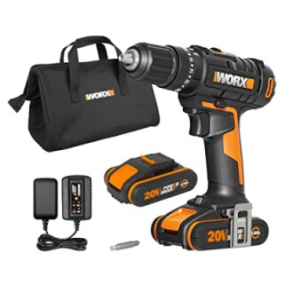 Worx cordless drill with battery, charger, bit, and carrying bag.