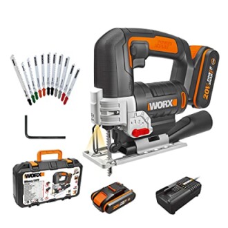 WORX jigsaw tool kit with blades, battery, and charger